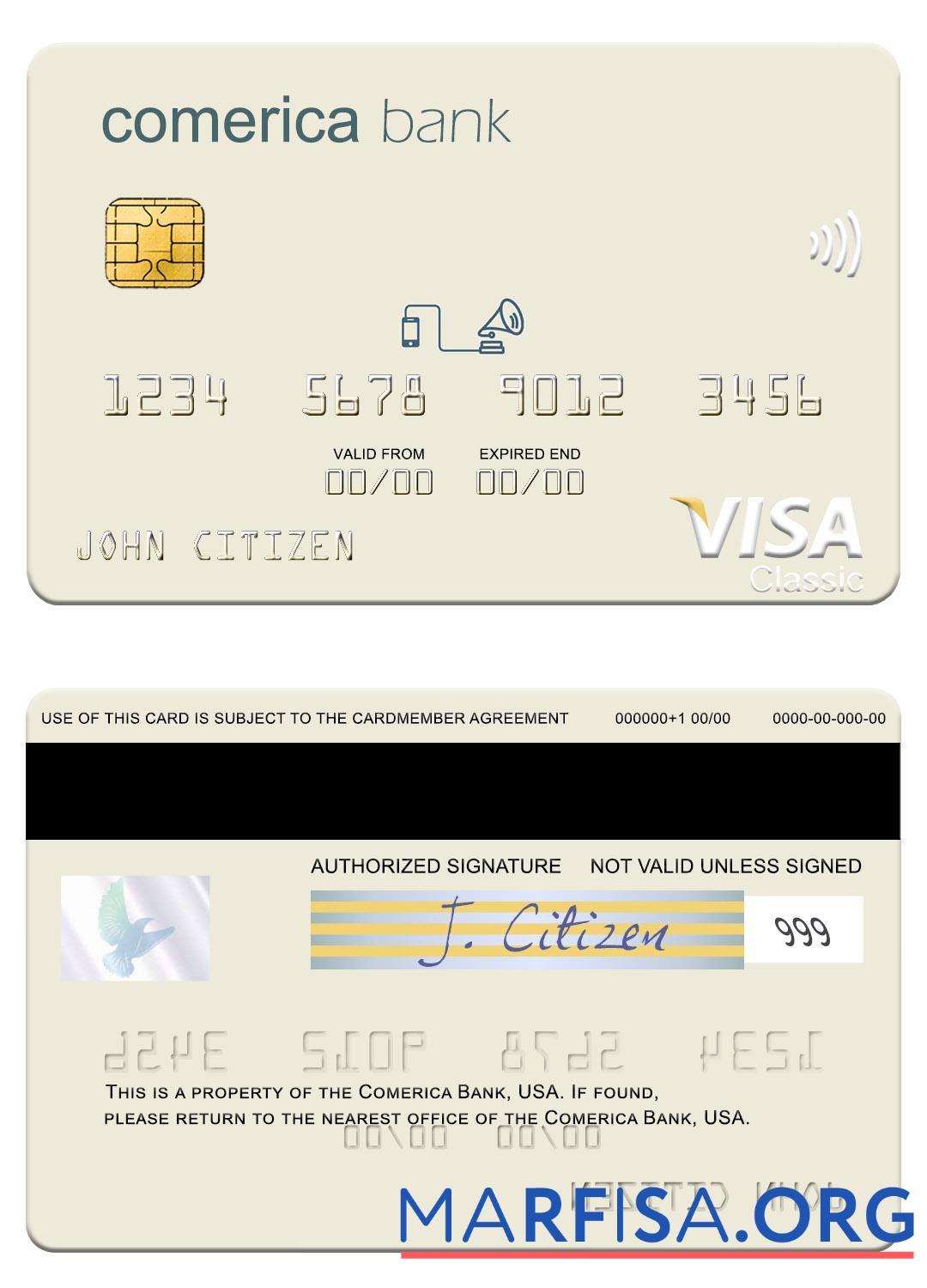 Realistic USA Comerica Bank visa card sample